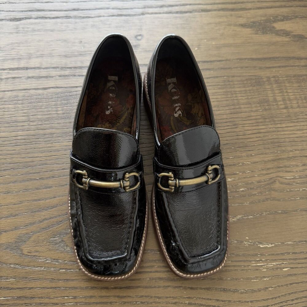 Korks Florence Bit Loafers Women Size 8.5M Black Patent Brass Horsebit Detail